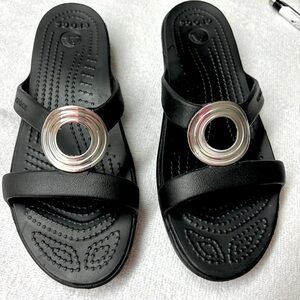 CROCS Black Sandals with Silver Ring Detail Size 7